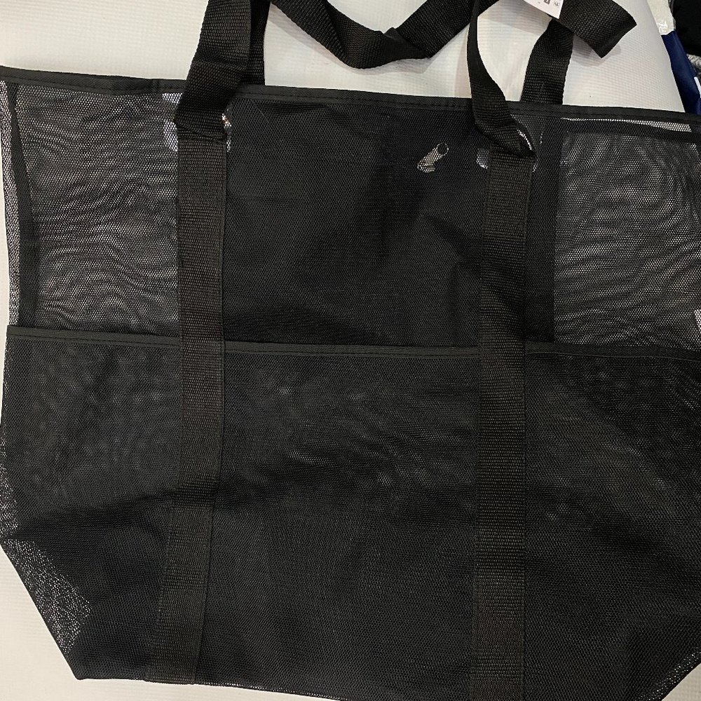 Beach Tote Bag Black Mesh 16x14x8" Large Size 4 Pockets NEW  T-1